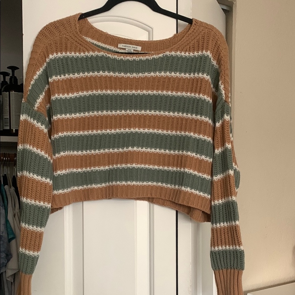Striped Green and Tan Cropped Sweater